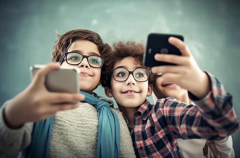 三个外国青少年学生戴眼镜 卷头发拿着手机在自拍摄影图,高清,摄影图,摄影图片,图片大全,摄影图免费下载